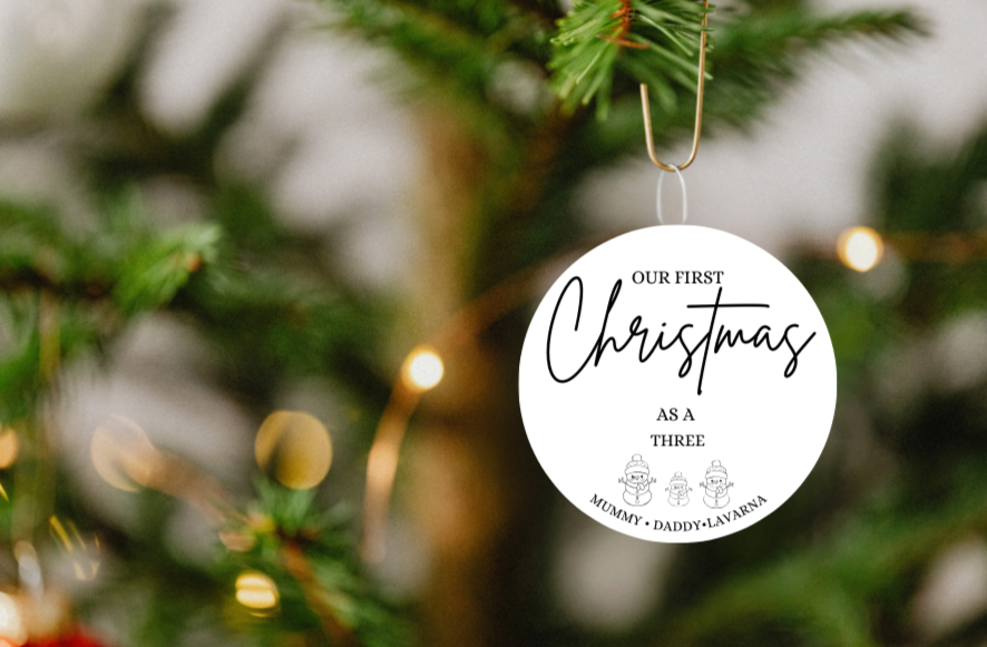 Our First Christmas As A Three Ceramic Christmas Bauble
